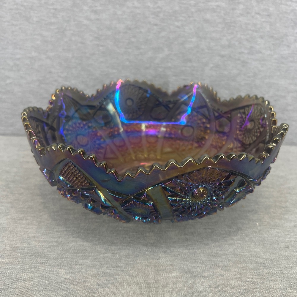 Imperial Glass Carnival Glass Bowl Purple Amethyst Hobstar & Arches Sawtooth